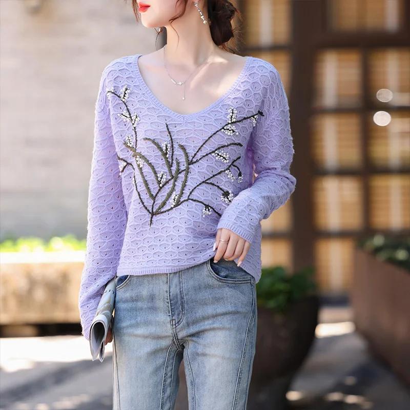 Low V-neck hollow out fashion sweater casual short pure wool knitwear women 2024 autumn/winter senior knit pullover base shirt