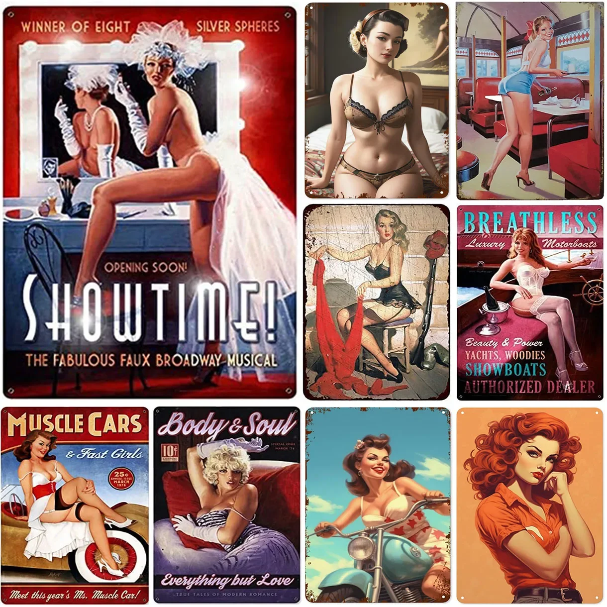 Vintage Pinup Girls Showtime Metal Tin Signs Wall Poster Plaque Aluminum Sign Decoration for Game Room Cafe Garage Club Bar Pubs