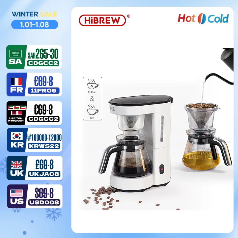 HiBREW 3 in 1 America Drip Coffee Machine Pour Over Coffee Maker Glass Teapot Hot Tea Maker  750ML H12