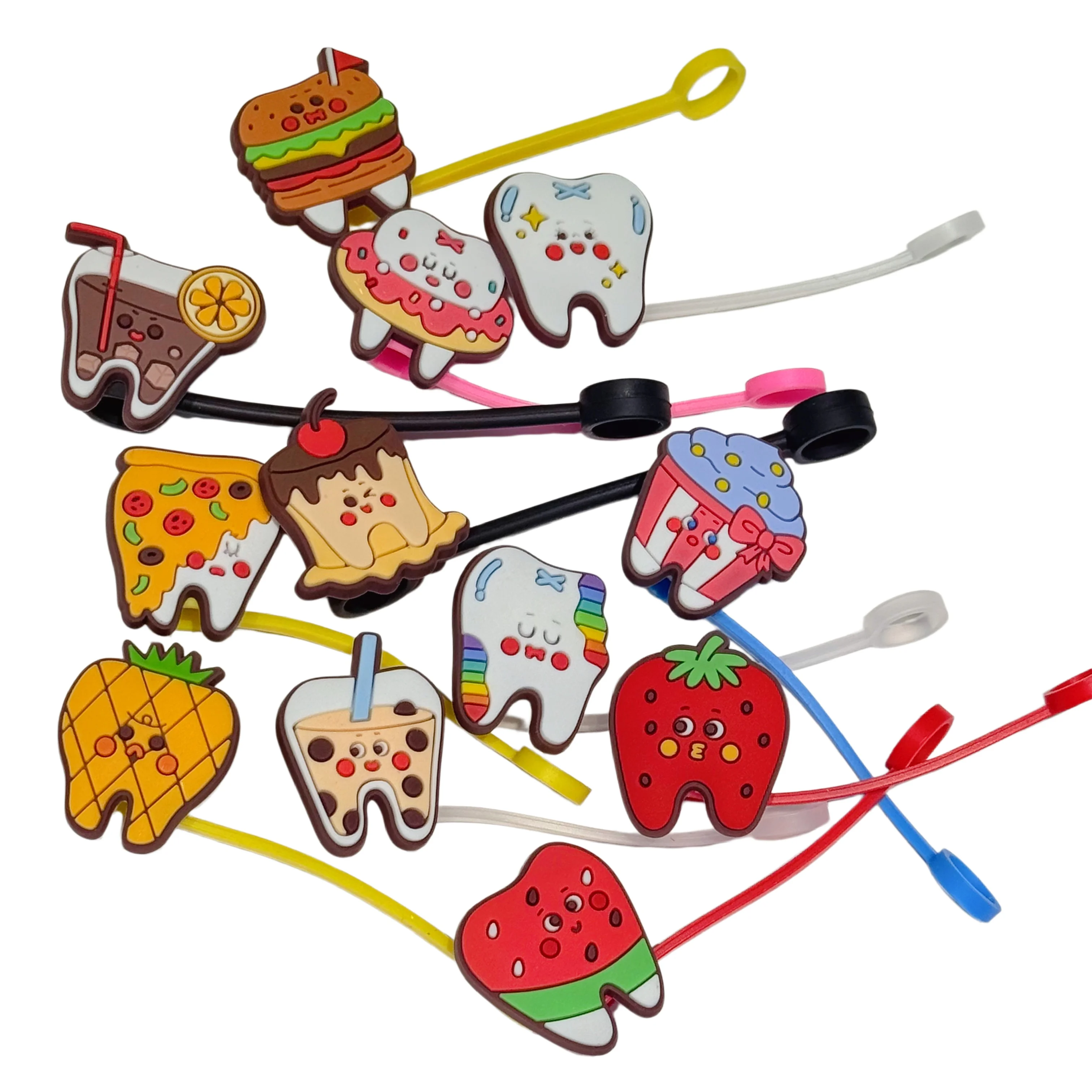 1-12Pcs Cartoon Teath Straw Cover Cap For Stanley Cup Reusable 10mm Silicone Straw Topper Compatible 30&40 Oz Kids Tips Lids