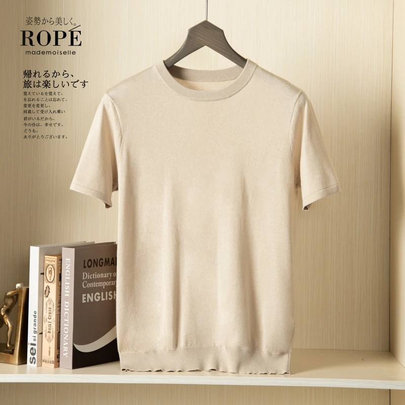 15% Cashmere and 85% Silk Men\'s O-Neck Pullover Short Sleeve Spring and Summer Thin Vest Korean Fashion Cashmere T-Shirt Tees