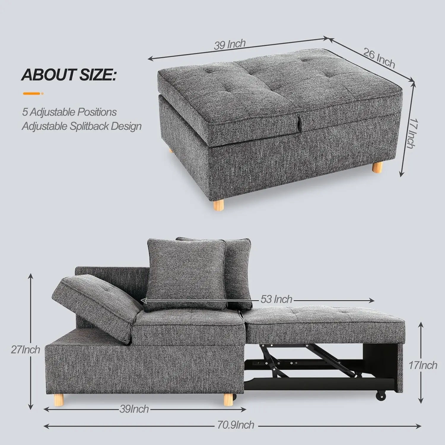 Sofa Bed 4-in-1 Convertible Sofas & Couches, 3-Seat Linen Fabric loveseat Sofa with 2 Throw Pillow, Single Recliner