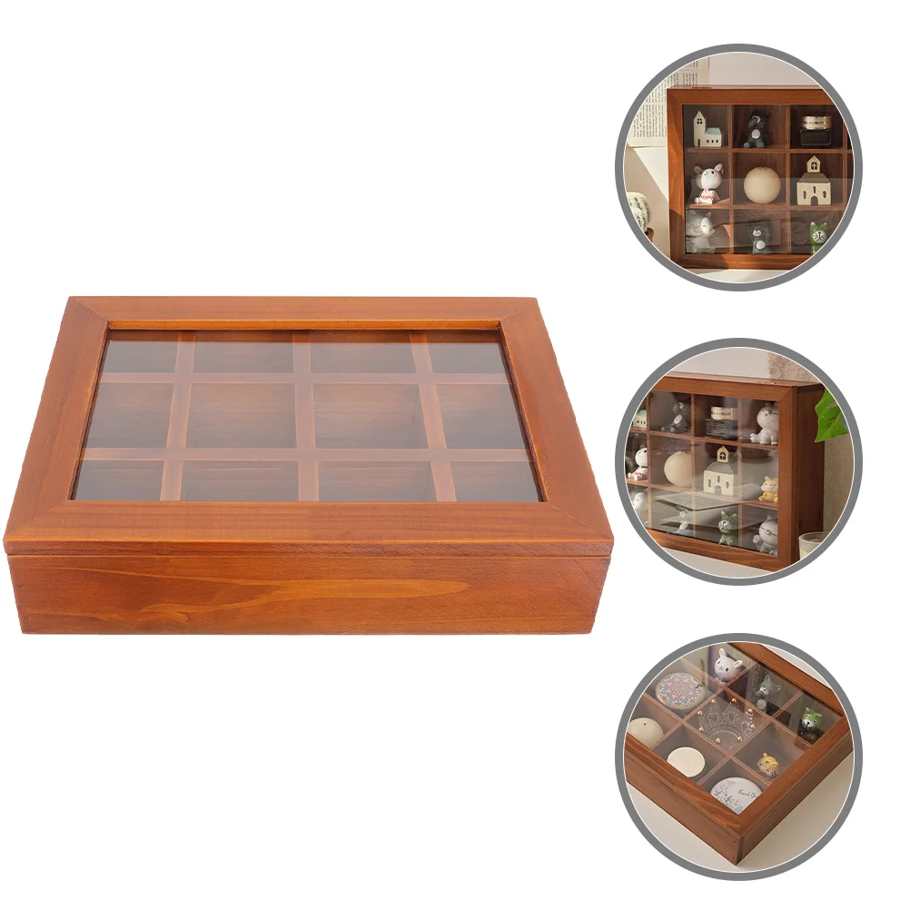 

Solid Wood Retro Aged Transparent Glass 12-compartment Storage Box Jewelry Stationery Bins Tray Mens House Decor Container Man