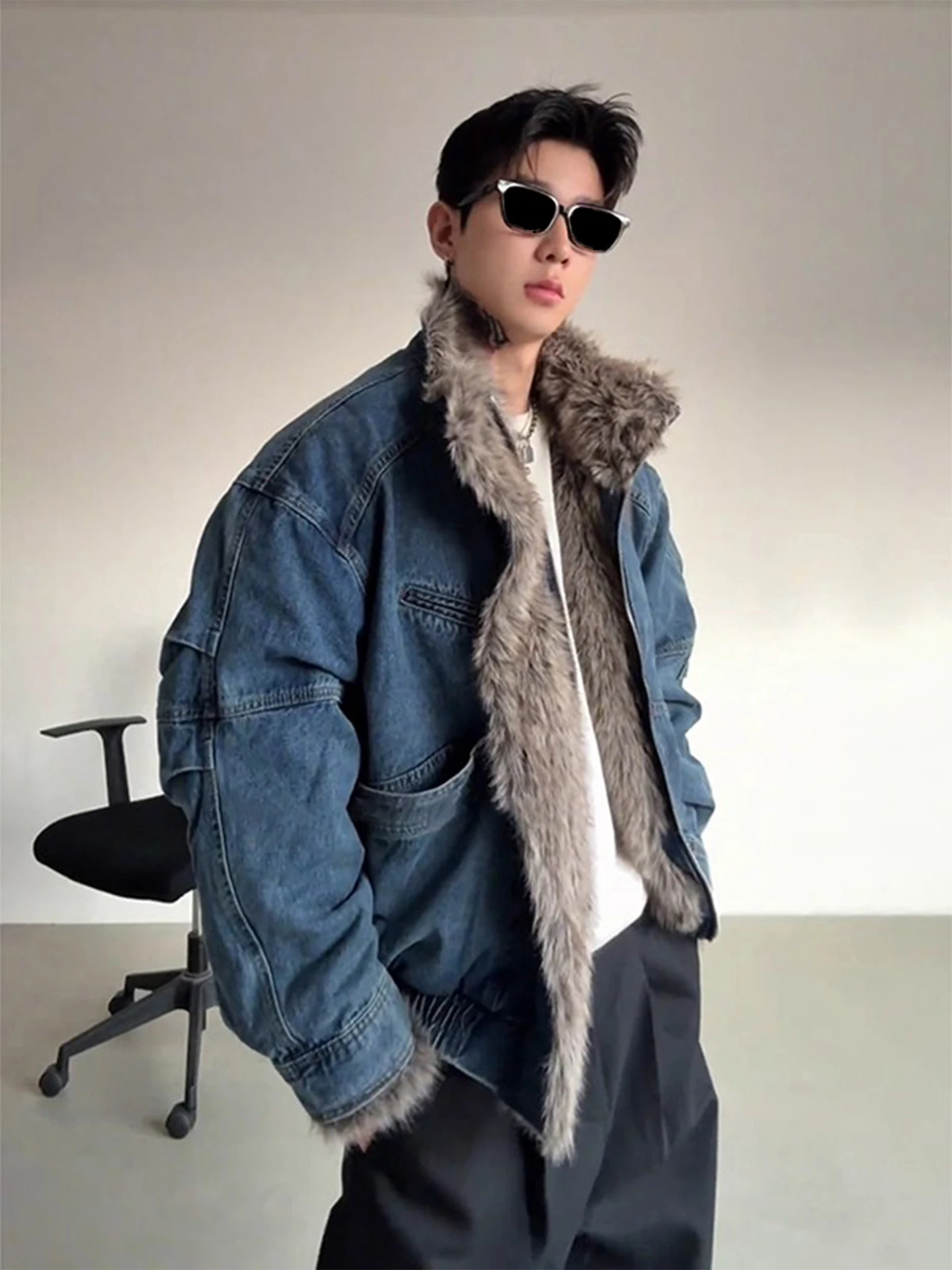 

Джинсовое джинсовое хлопковое платье с воротником из искусственного меха для мужчин и женщин, осенне-зимнее теплое пальто, повседневное свободное длинное пальто