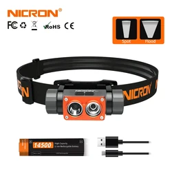 NICRON 미니 충전식 LED 헤드램프, 방수 IP67 손전등, 헤드라이트 토치 램프, H15 캠핑용, 500Lm, 90M 롱 빔