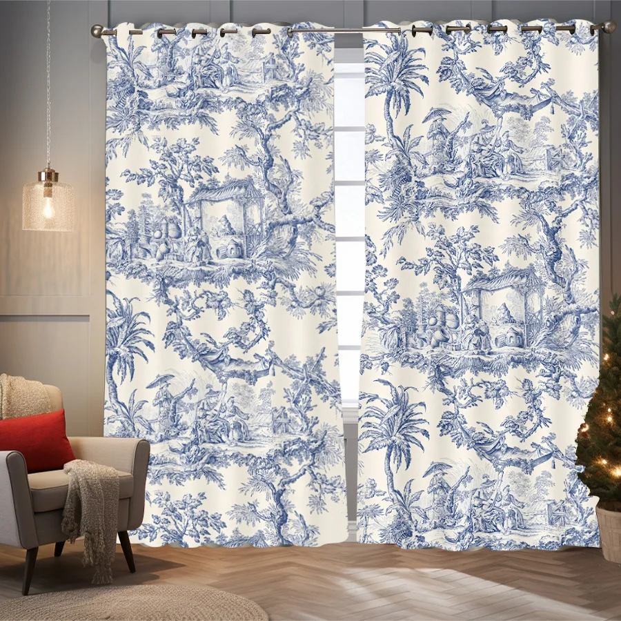 Verdunkelungsvorhänge mit 2 Paneelen für Schlafzimmer, 84-Zoll-Längenvorhänge, Toile de Jouy, französisches Landhaus, bedrucktes Landhaus für Wohnzimmer