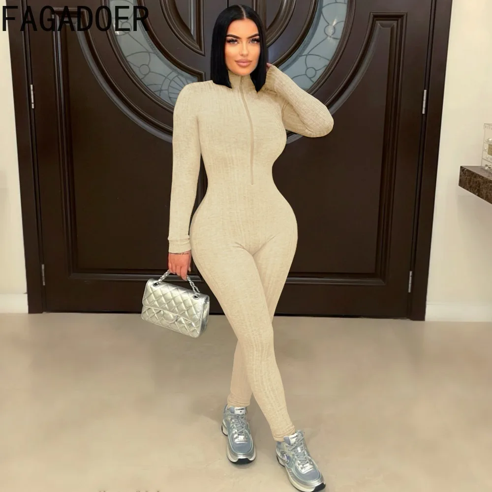 FAGADOER Autumn New Sexy Bodycon Jumpsuits Women Solid Color Long Sleeve Zipper Skinny Rompers Female Streetwear Overalls 2025
