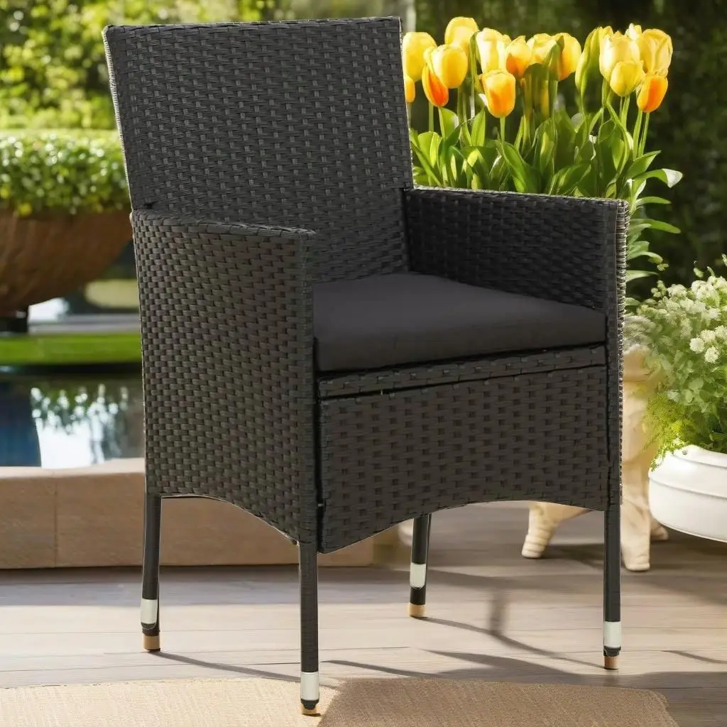 

Set of 2 Black Poly Rattan Patio Chairs with Cushions - Stylish Outdoor Seating