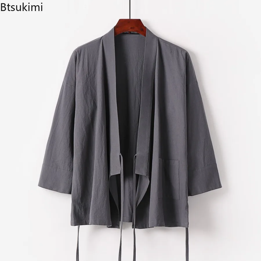 

2025 Summer Men's Cotton Linen Shirt Kimono Hanfu Collar Traditional Long Sleeve Cardigan for Men Casual Loose Solid Color Shirt
