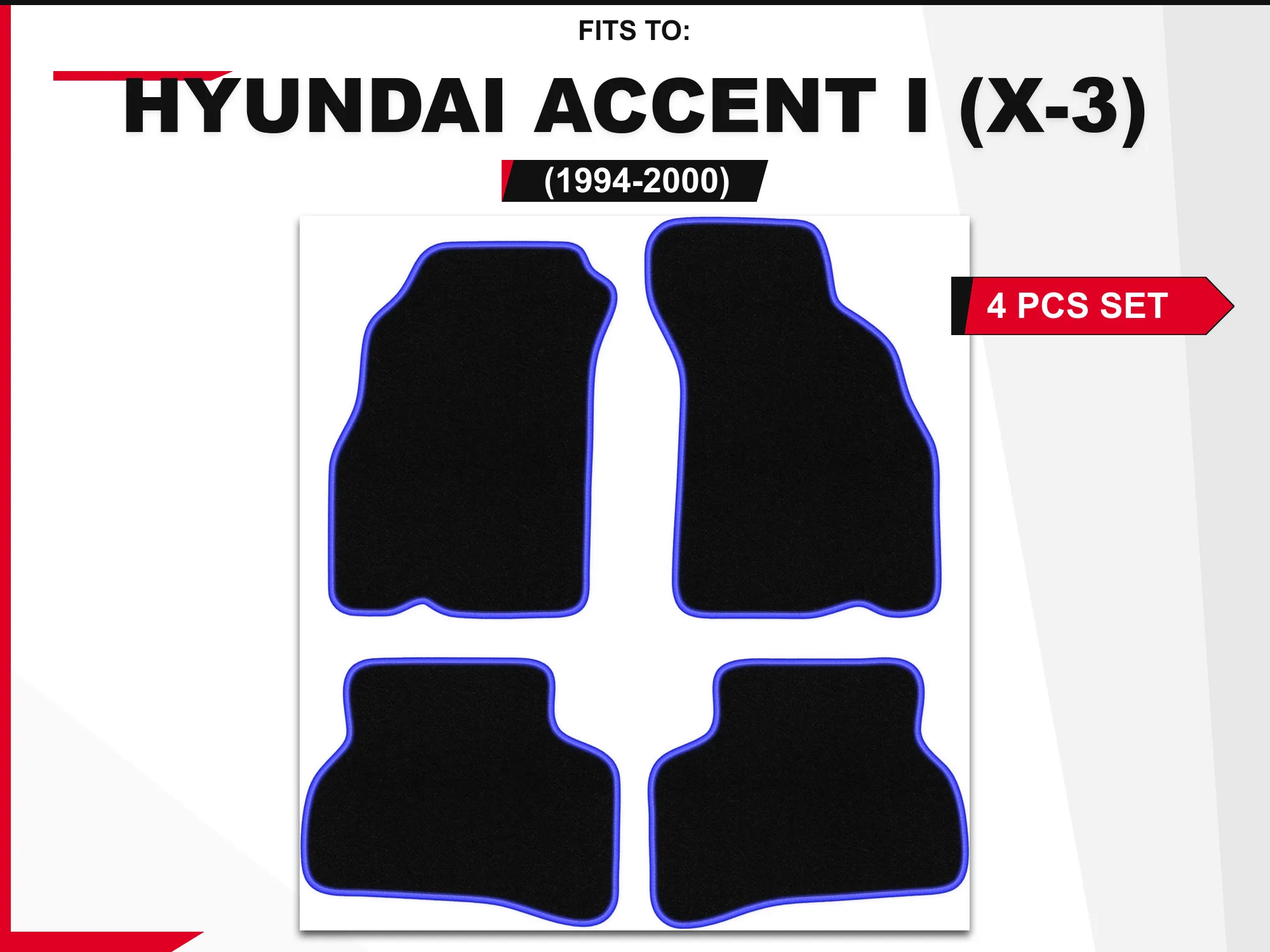 Velourmatten voor: Hyundai Accent I (X-3) 1994-2000 zwart en blauw bijpassende set autovloerbedekkingen