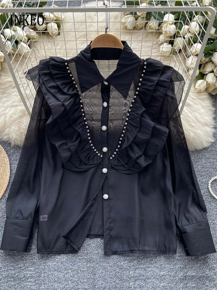 Chic Sexy Ruffles rhinestones shirt for women Club See-through organza long sleeve blouse Solid color Tops 2024 New INKEO 4T192