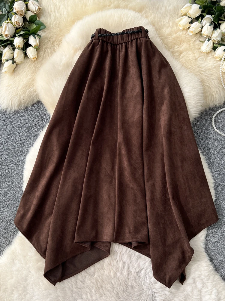 تنورة نسائية بنية متوسطة الطول من جلد الغزال Harajuku Y2k Gyaru تنانير غير متماثلة تنورة جمالية عتيقة على شكل حرف a ملابس 2000s لخريف 2025