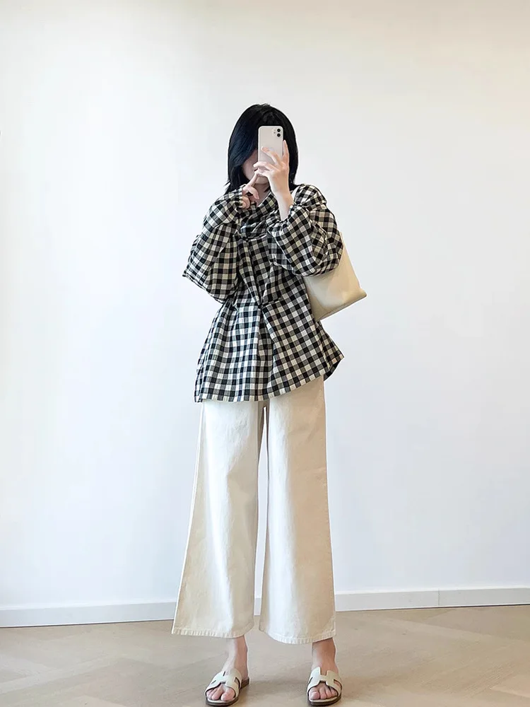 Rétro confortable coton Plaid haut ample femmes irt décontracté polyvalent respirant respectueux de la peau Cleanfit été mince Long Sl...