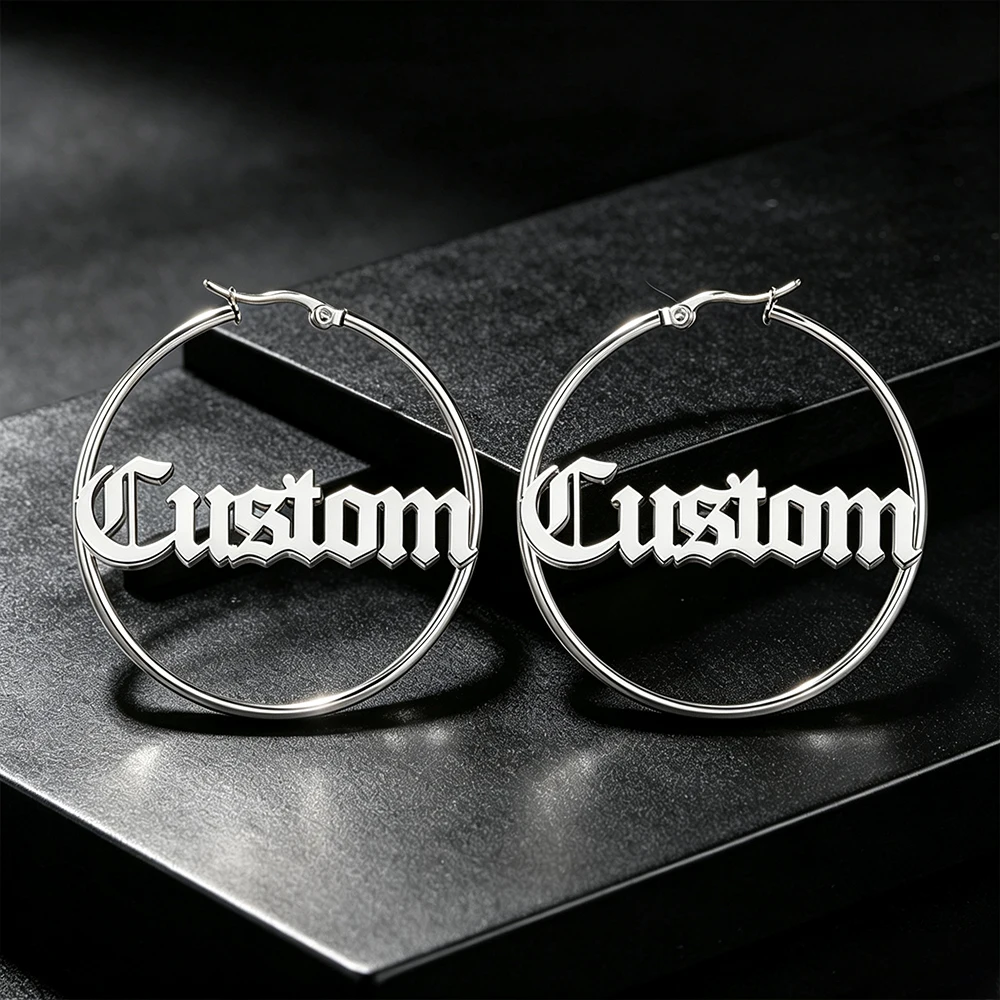 Personalized Old English Name Earrings Stainless Steel Customized Gothic Style Nameplate Earrings for Women