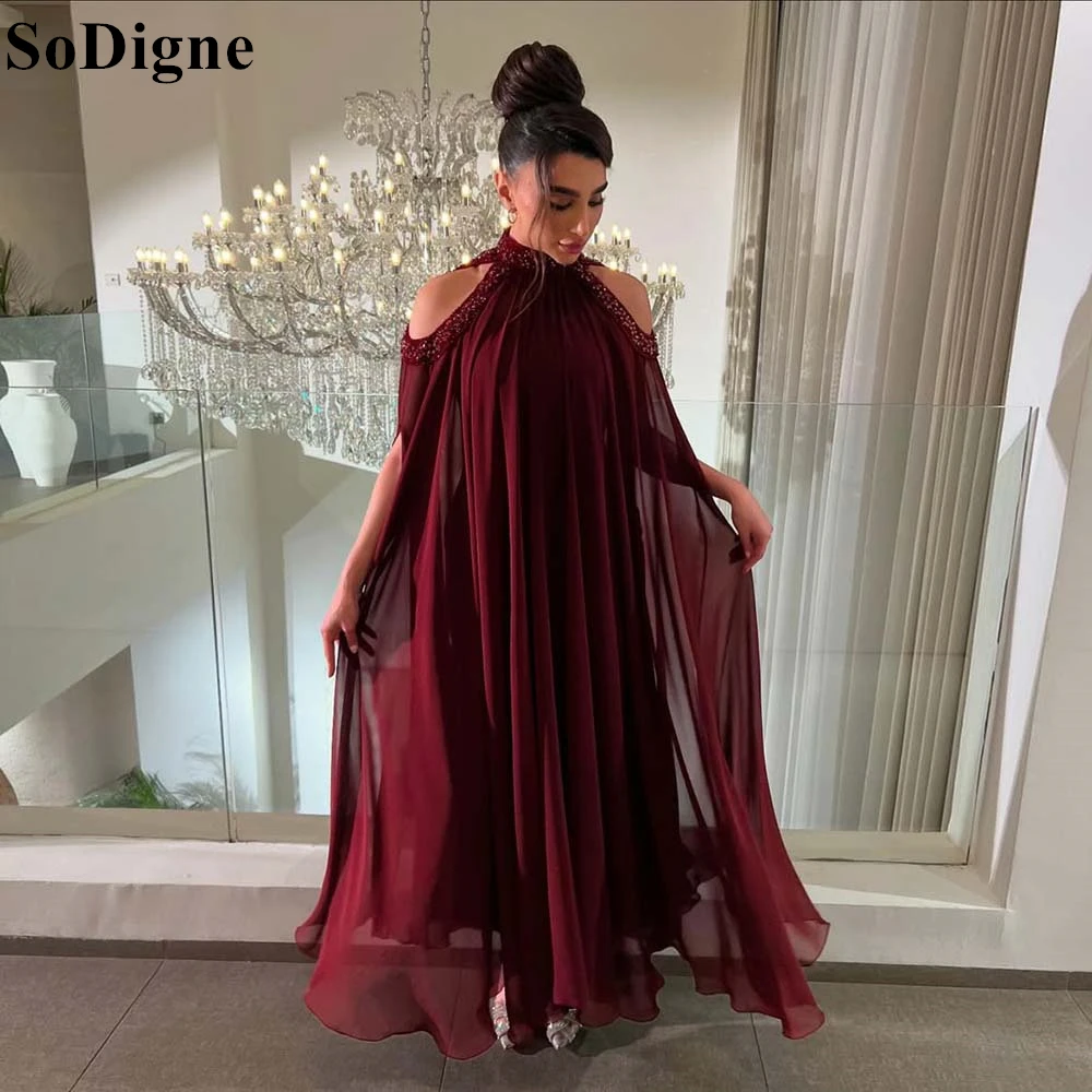 

SoDigne Elegant Burgundy Tulle Evening Dresses A-Line High Neck Beading Crystal Pleated Party Dress Arabic Prom Gowns Customized