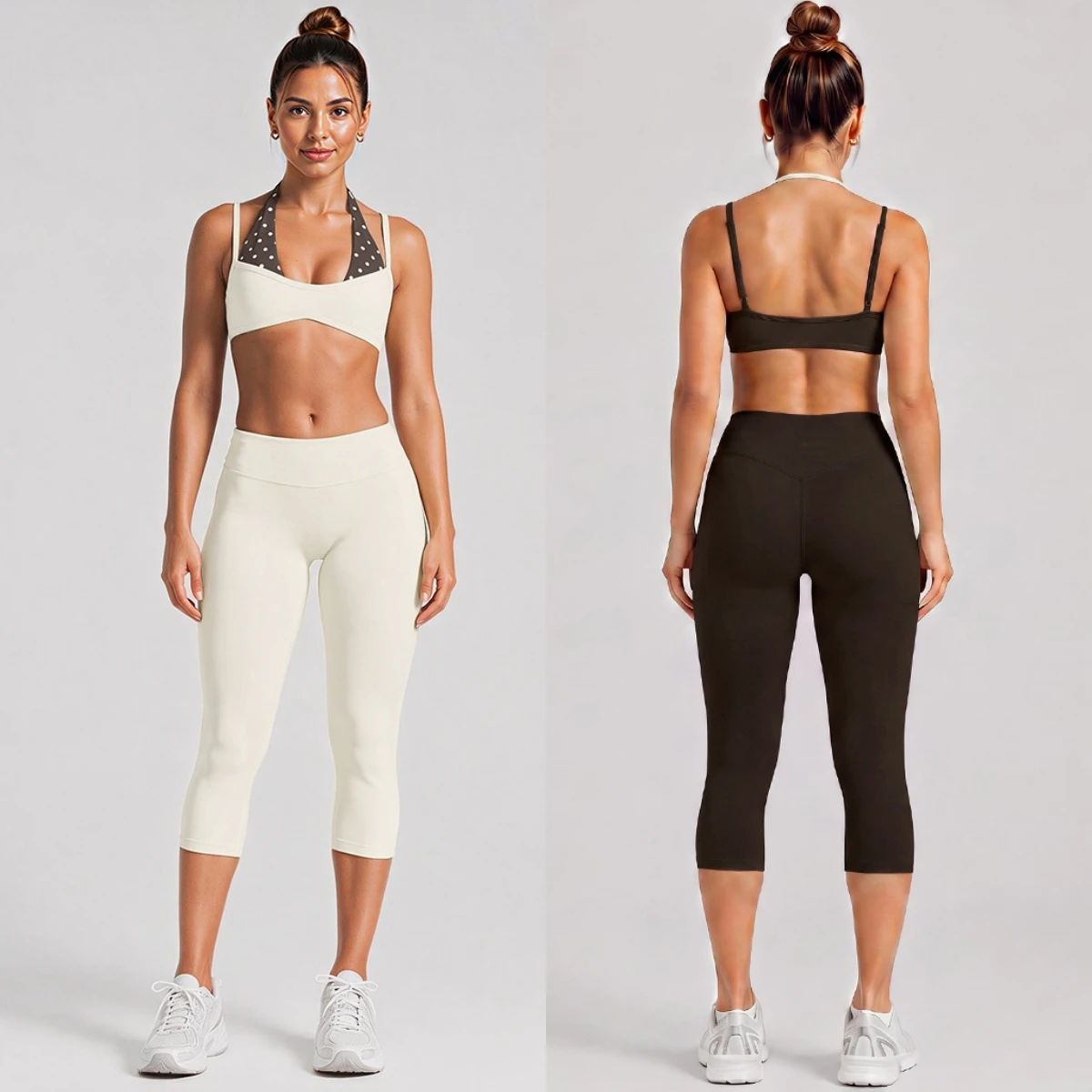 Women 2 Piece Contrast Color Yoga Set Halter Polka Dot Sports Bra High Waist Capri Leggings Sports Set Gym Workout Fitness Set