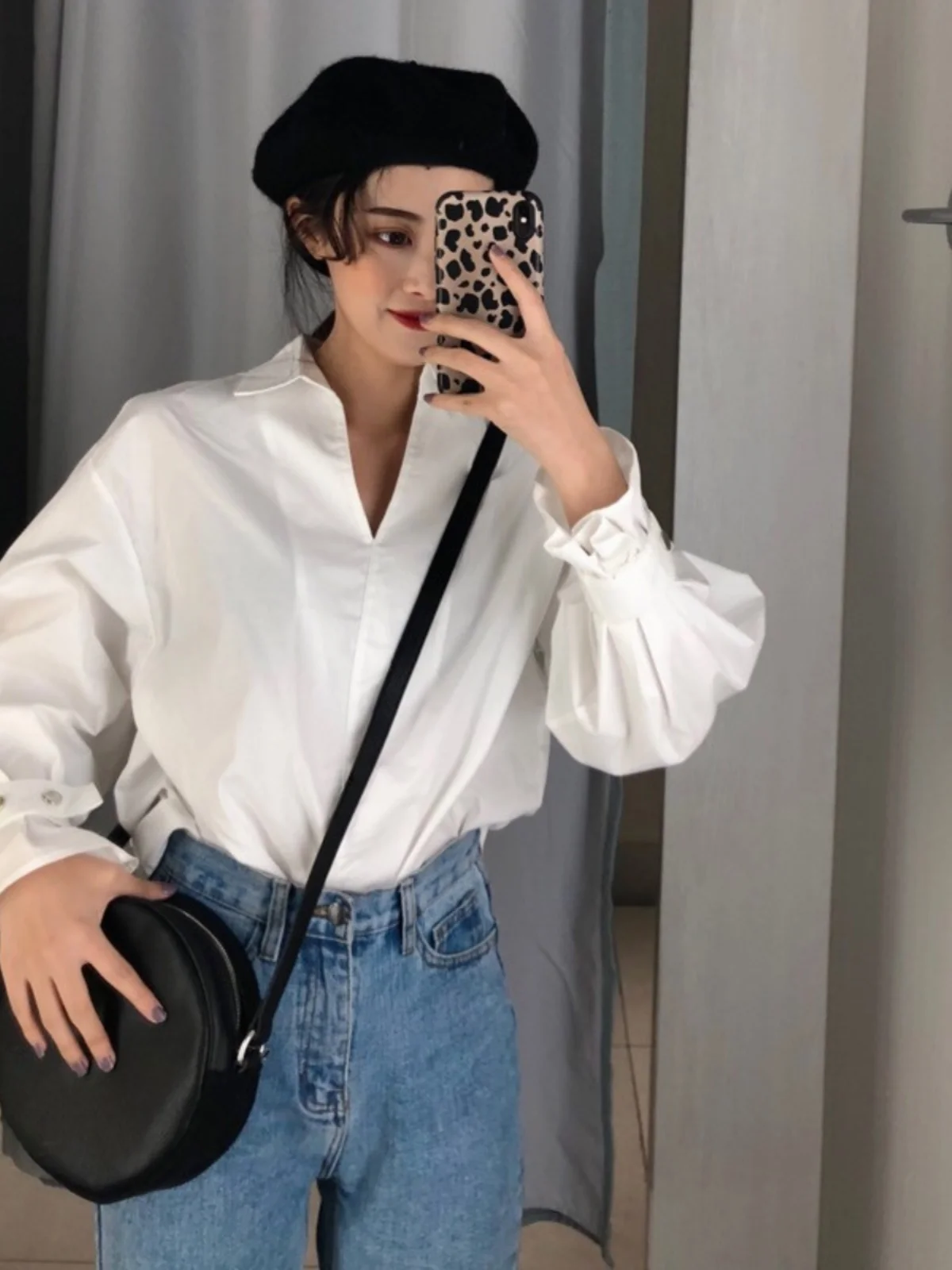 

Spring 2023 Women's Versatile Basic Long Sve White irt Korean Sle Lantern Sve Single Button Commute Faion Straigh...