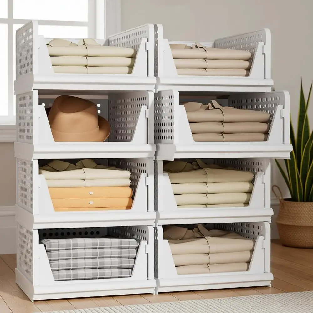 

Plastic Stackable Storage Baskets for Closet, Clothes, and Room Organization
