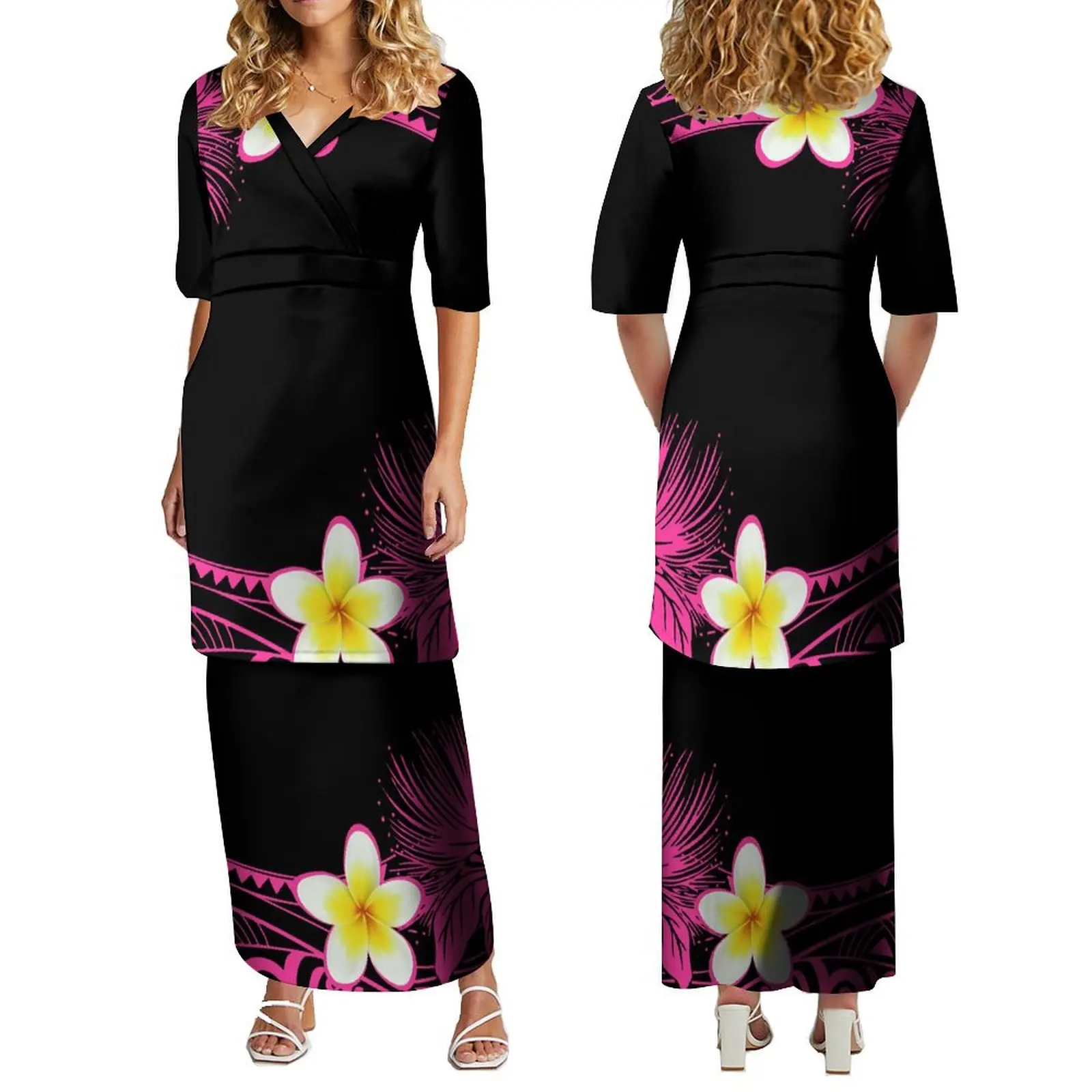 Summer Island Dress Custom Polynesian Tribe Plus Size New Design  Tongan Sila  Women Half Sleeve Double Puletasi Dress