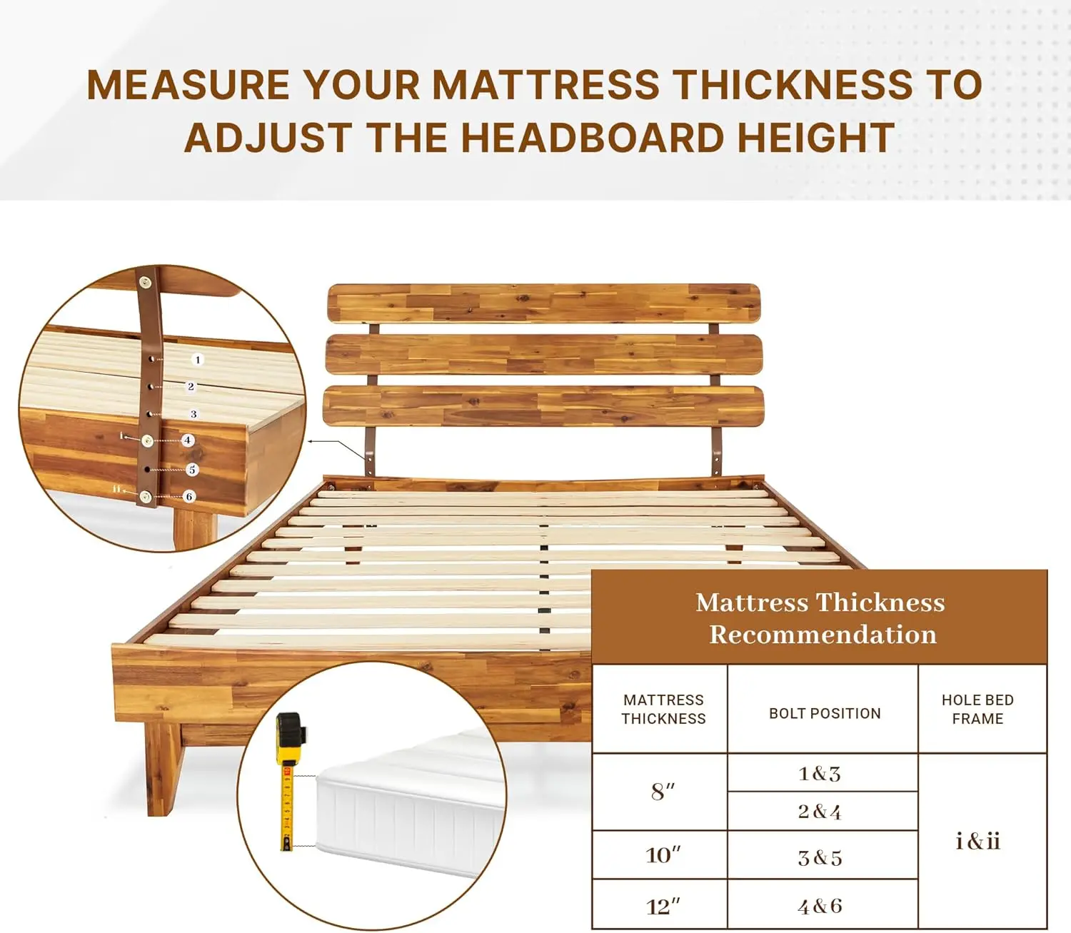 Marco de cama de 15 pulgadas con cabecera ajustable estilo retro de mediados de siglo con madera de acacia sin somier, soporte de listones de madera necesario