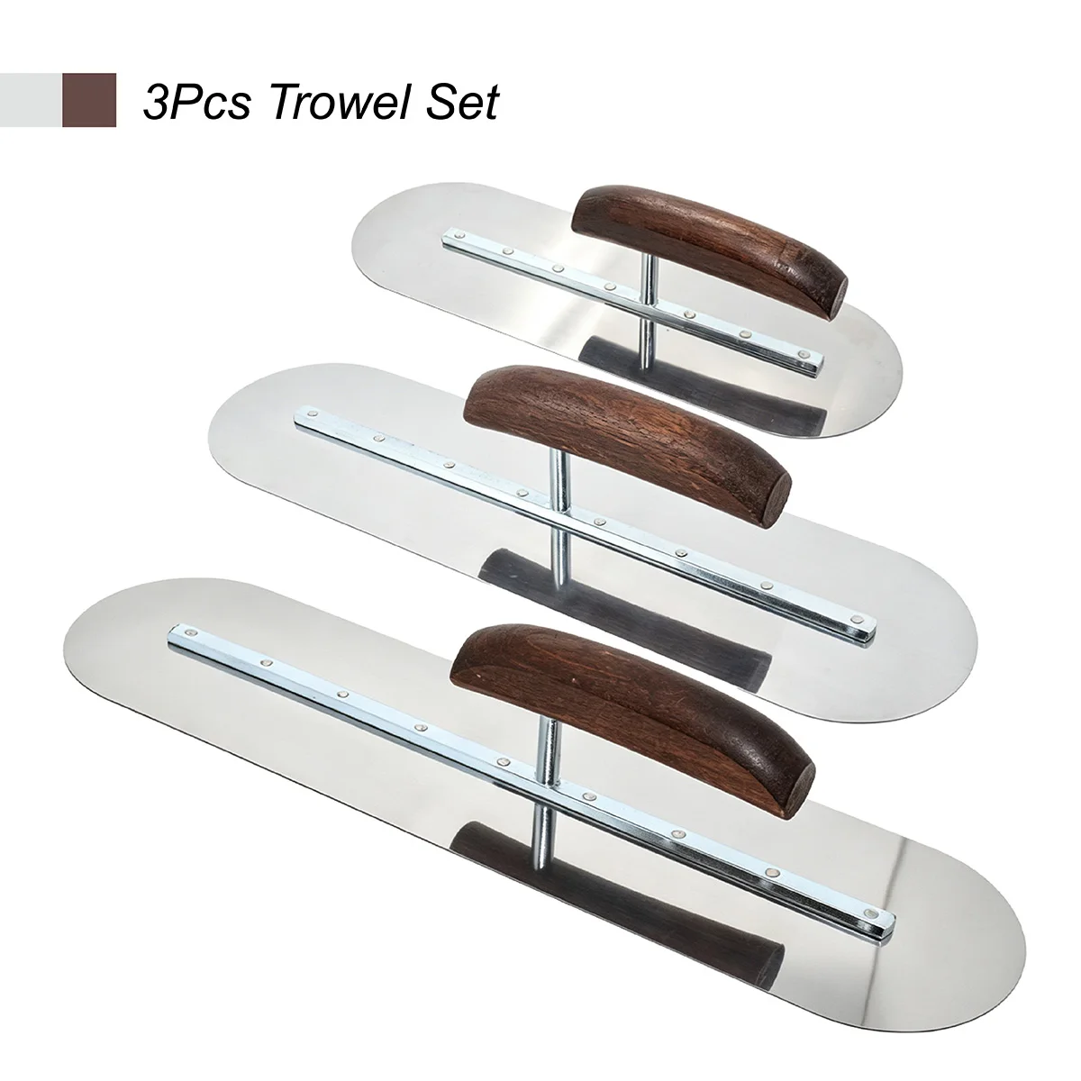 3pcs Stainless Steel Plaster Trowel Set Solid Wood Handle Round End Drywall Finishing Float for Masonry Construction