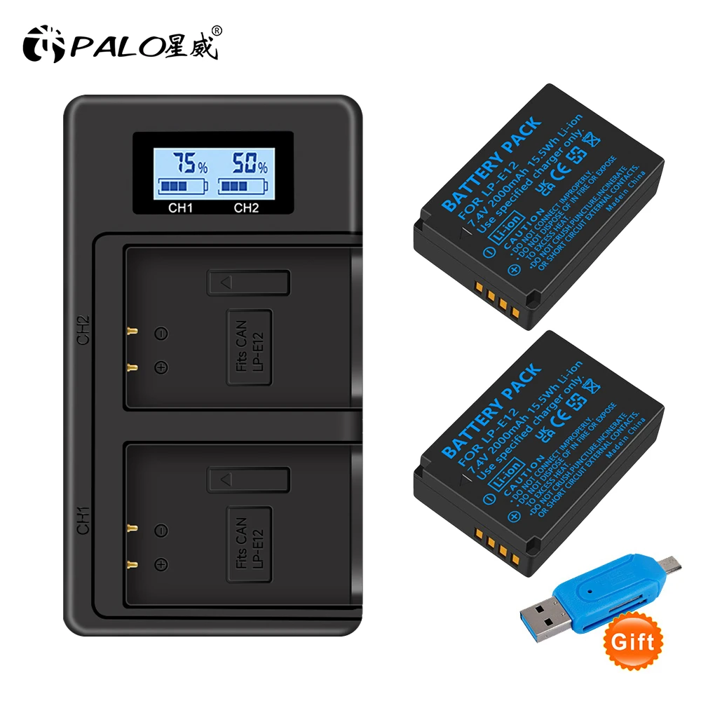 

PALO 2000mAh LP-E12 LPE12 LP E12 Camera Battery AKKU + LCD USB Charger for Canon M 100D Kiss X7 Rebel SL1 EOS M10 EOS M50 DSLR