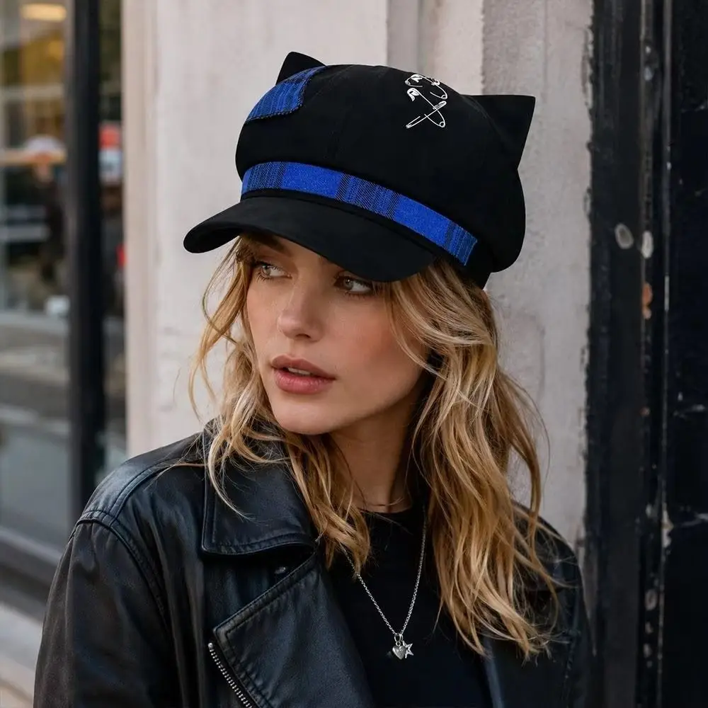 Fashion Thin Brim Cat Ears Beret Hat Irregular Spice Girl Plaid Octagonal Hat Lollita Punk Painter Artist Cap Daily