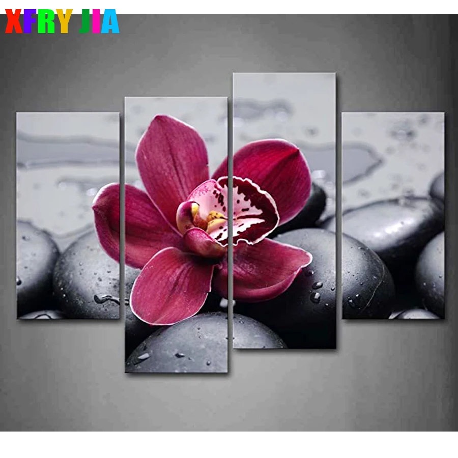 4 panels Crimson orchid cobblestone painting picture floral Diamond Painting 5d Handmade Home Decor Diamond Mosaic Cross Stitch