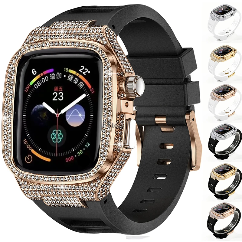 

Diamond Case for Apple Watch Band 10 46mm Stainless Steel Case Modification Kit Rubber Strap for IWatch 9 8 7 6 5 SE 44mm 45mm