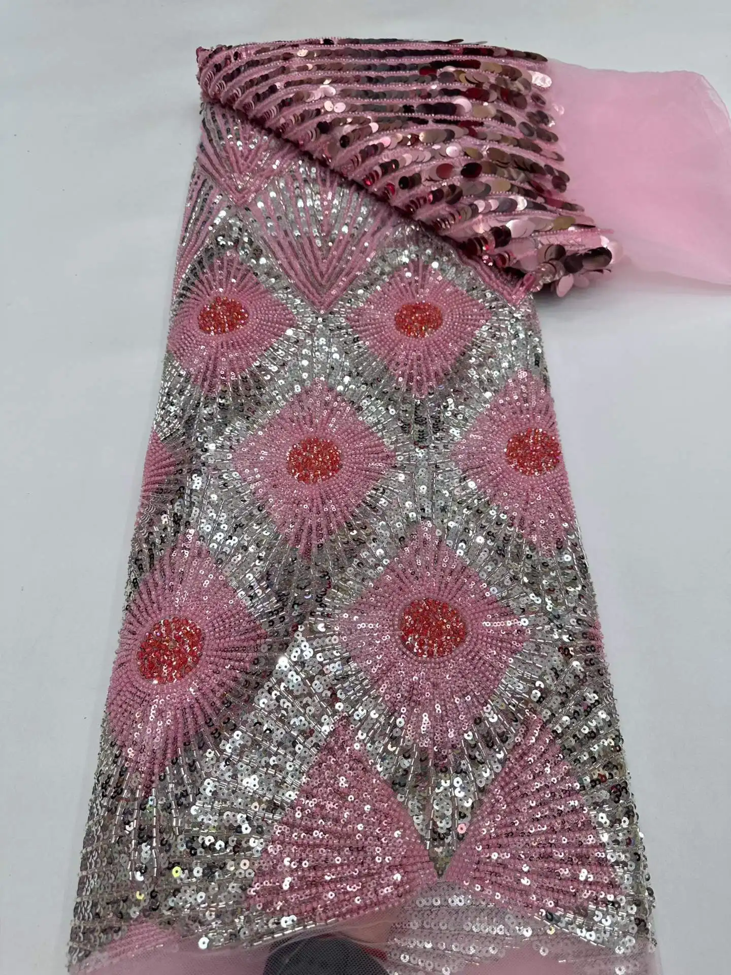 

African Nigerian High-End 3D Beaded Lace Fabric with French Sequins Mesh for Women's Wedding Party Dresses Latest Fashion Design