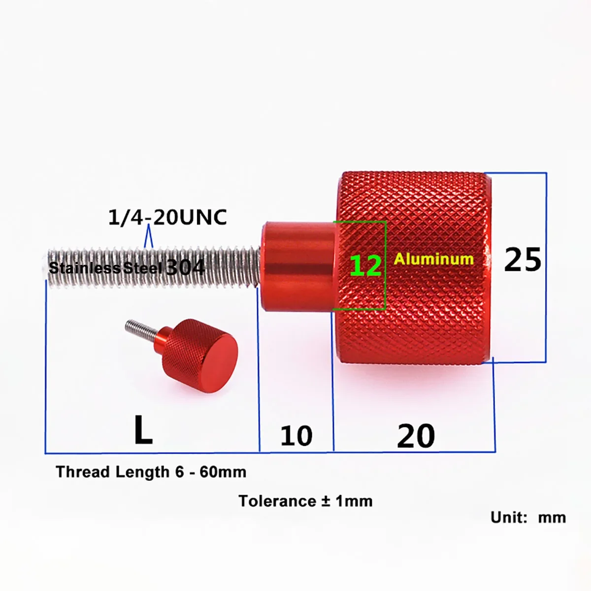 Tornillos de cámara para placa de liberación rápida, tornillo de pulgar moleteado de aluminio, tornillo de ajuste manual de alto paso, rosca de acero inoxidable de 6-60mm, 1/4