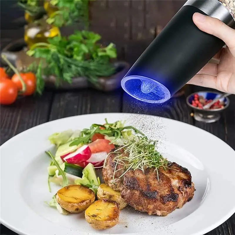 Automatic Gravity Sensor Spice Mills Salt Mill With LED Light Adjustable Coarseness Black