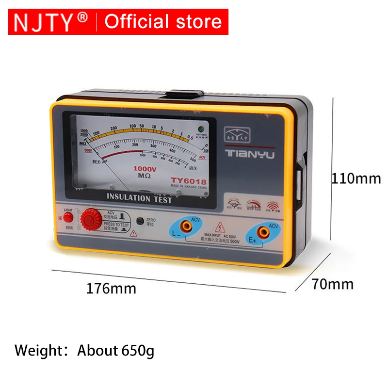 NJTY Pointer Multimeter Type Insulation Resistance Tester Megohmmeter Voltmeter 100-250-500-1000V Ground Resistance Meter