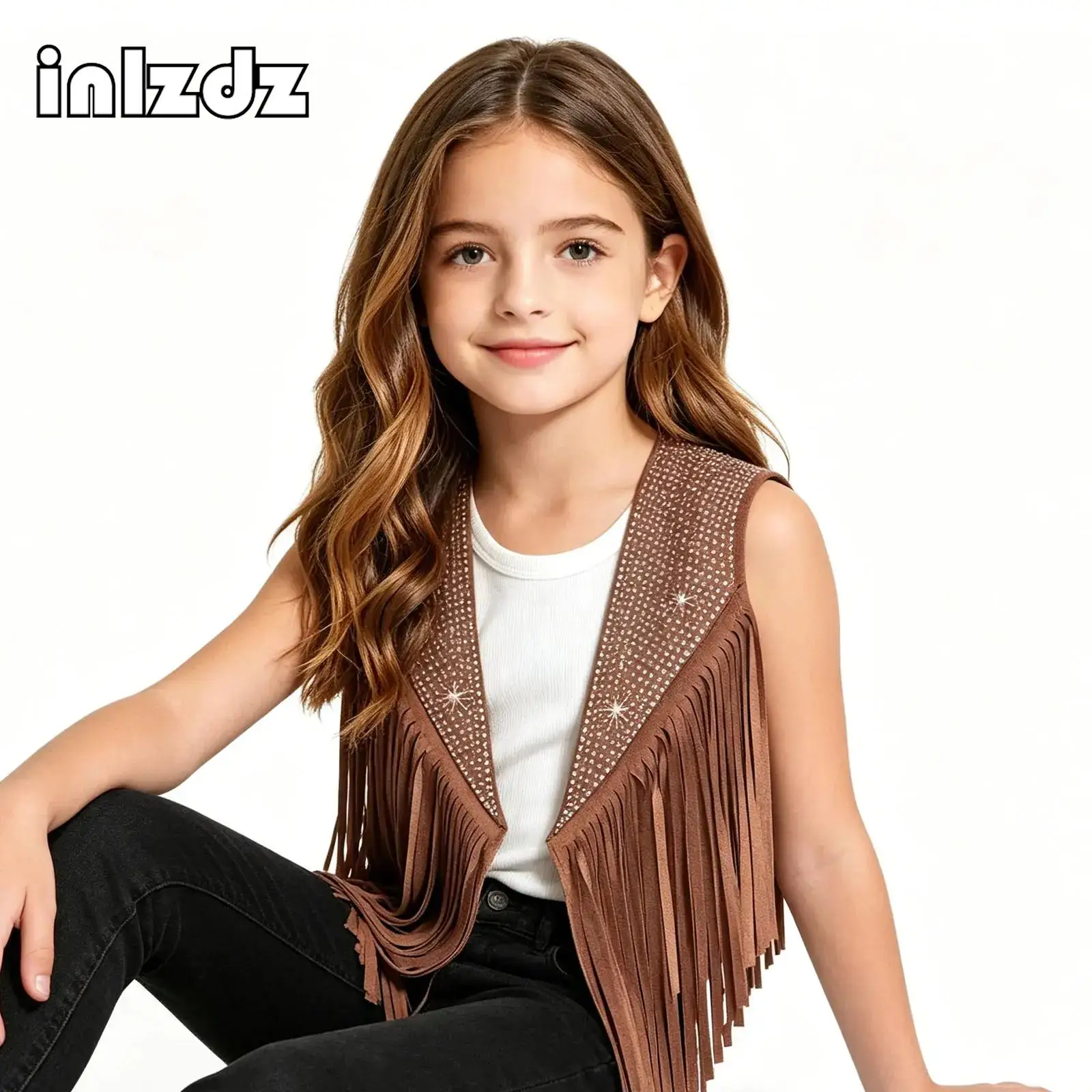 

Halloween Western Cowboy Cowgirl Cosplay Performance Costume for Girls Boys Fringe Open Front Vest Waistcoat for Carnival Party