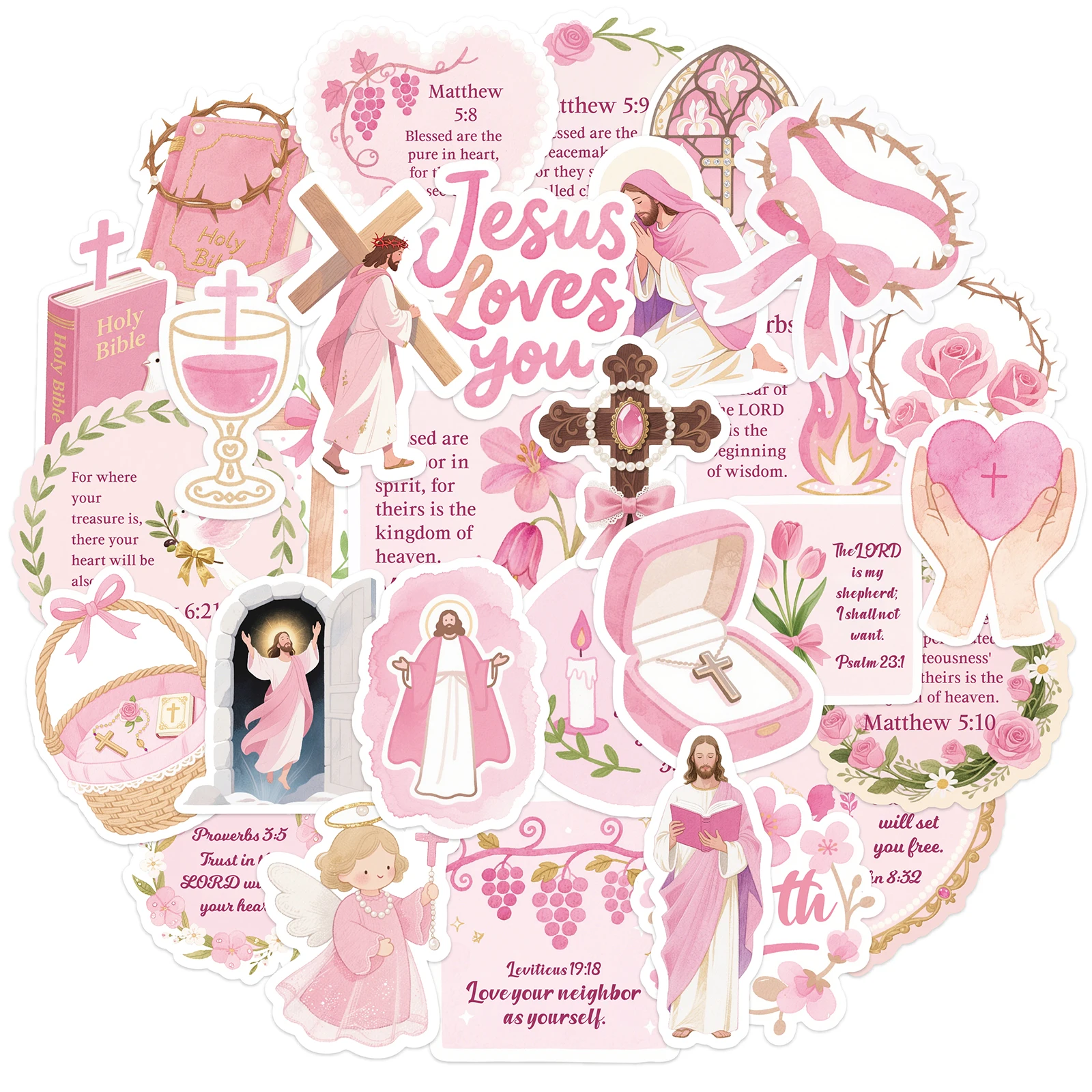 50PCS Pink Jesus Bible Stickers for DIY Scrapbook Stationery Suitcase Water Bottle Laptop Guitar Decoration Graffiti Stickers