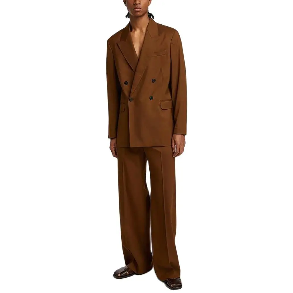 Tenues chics à double boutonnage marron pour hommes, tenue décontractée trempée, veste et pantalon à revers, ensemble de mariage, Rhde promo, 2 pièces