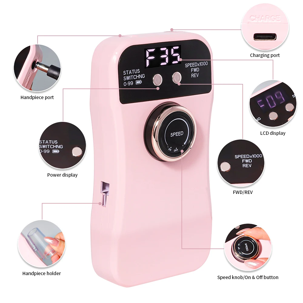 Rechargeable Nail Drill Machine 35000RPM Electric Nail Polish Machine Metal Grinding Head Nail Tool kit Nail Sander Nail Salon