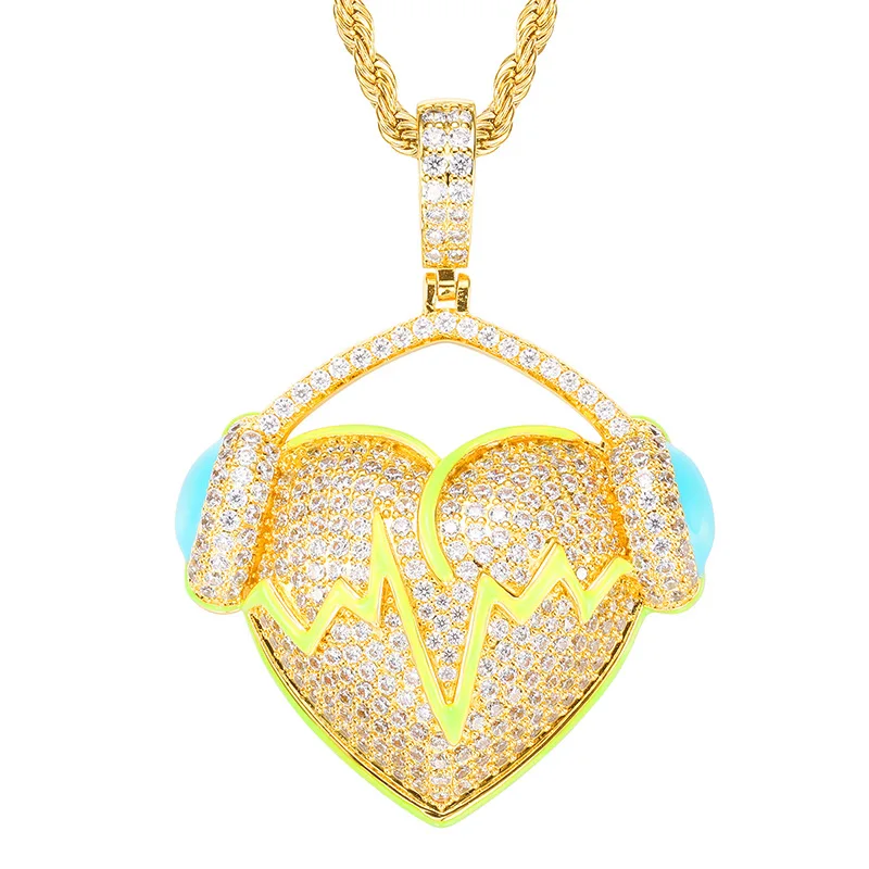 Hip Hop 5A+ CZ Stone Paved Bling Iced Out Luminous Earphone Heart Pendants Necklace for Men Women Lovers Rapper Jewelry Gift