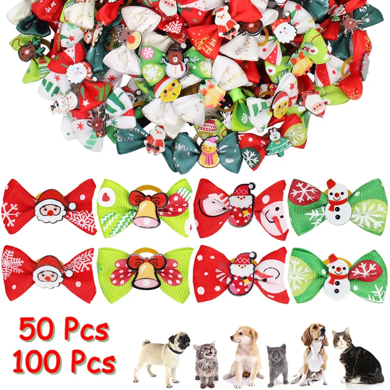 

50/100 Pcs Christmas Dog Bows Pet Hair Bows Rubber Xmas Cat Hair Accessories Holiday Small Dog Puppy Grooming