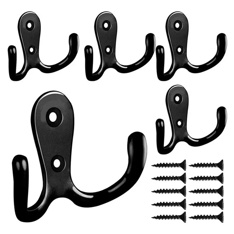 AFOURT-10X Double Prong Robe Hook With Screws, Dual Coat Hooks Wall Mounted Hanging Clothes (Black)