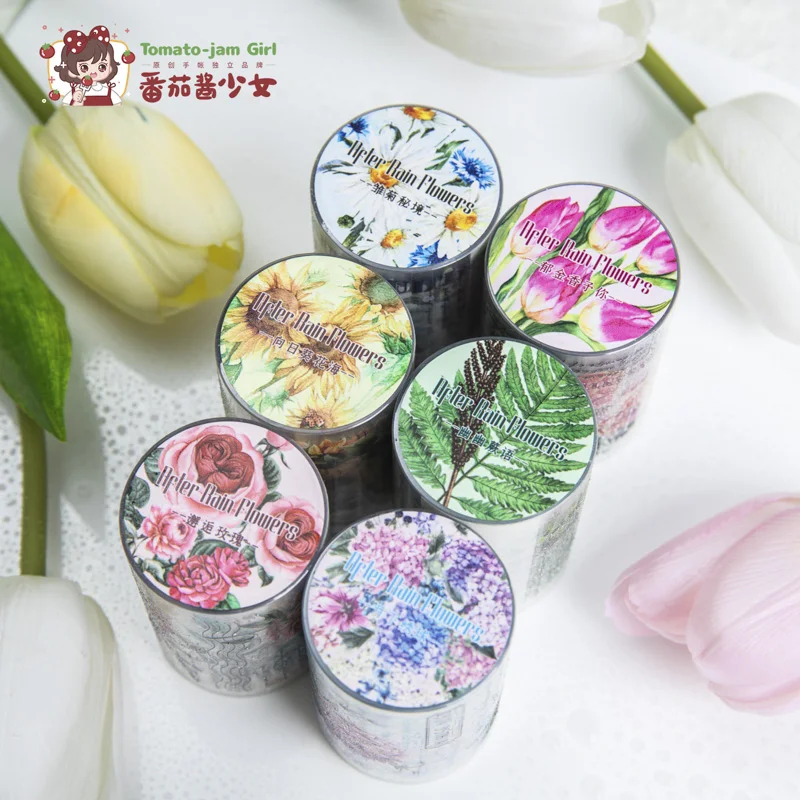 2m/roll Junk Journal Collage Material Stickers Creative Text Plants Flowers PET Masking Tape Scrapbook DIY Supplies Stickers