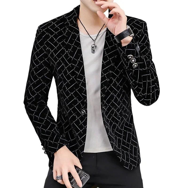 Blazer New Men\'s Fashion Business Gentleman Wedding British Style Work Print Corduroy Outdoor Casual Slim Fit Blazer