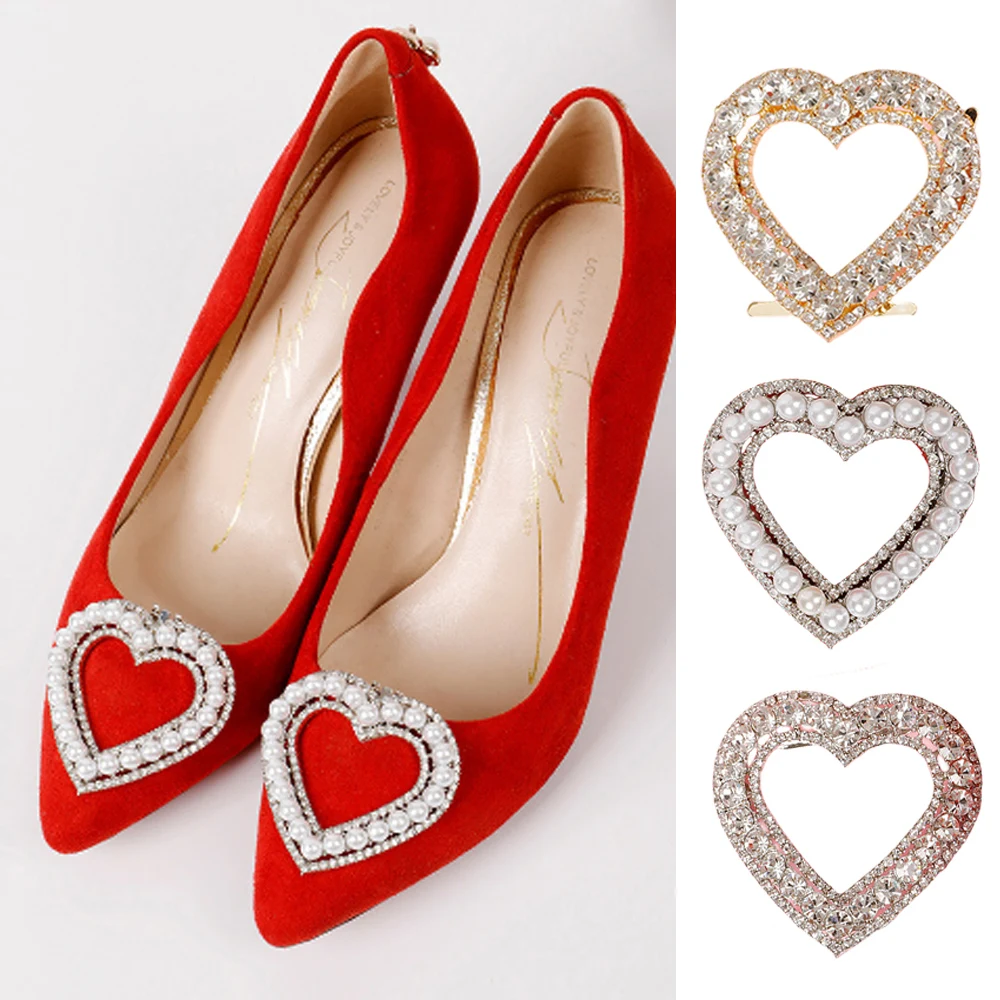 

1PC Pearl Shiny Crystal Shoe Clips Wedding Bride Shoes Decoration High Heels Charms Jewelry Love Heart Shape Shoes Rhinestones