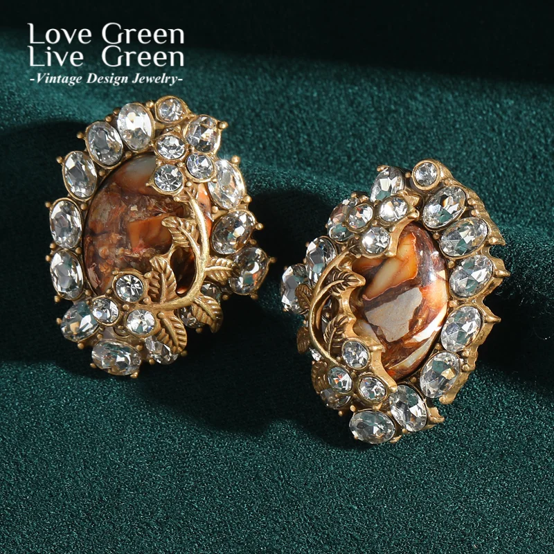 

Vintage Natural Stone Earring Stud Gold Color Leaf Rhinestone Unique Crystal Jewelry Designer Women Quality Luxury Engagement
