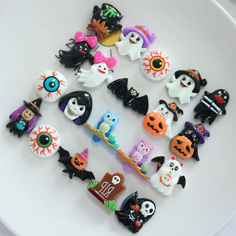 10Pcs Resin Colorful Kawaii Eye Bat Pumpkin owl Ghost Skull Figurines Flatback Stone DIY Bow Halloween Decor Scrapbook Crafts