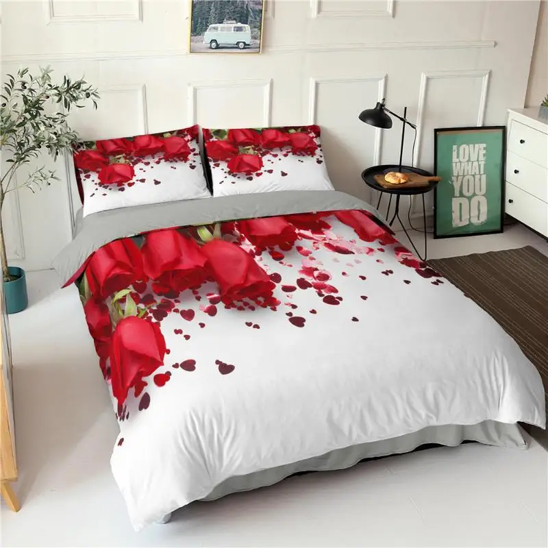 

Red Rose Duvet Cover Set Queen Microfiber Floral Petals Botanical Twin Bedding Set Romantic Flowers Valentine's Day Quilt Cover