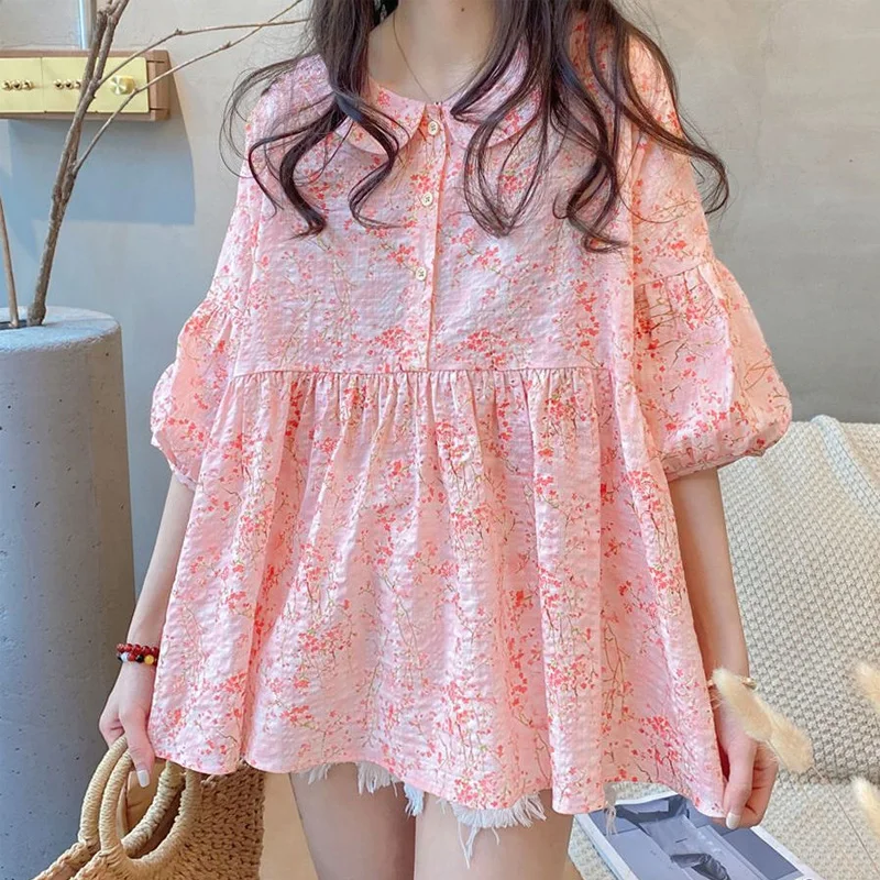 

2023 New Summer and Korean Edition Loose Sweetheart Doll Collar Spliced Button Broken Flower Lantern Sleeves Stuffed Doll Shirt