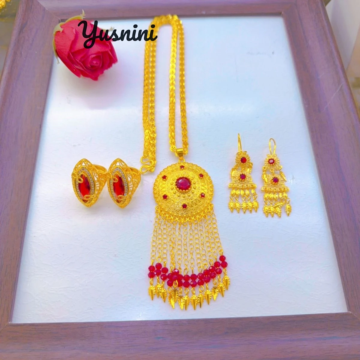 

Fashion Dubai 24K Gold Plated High-End Necklace Earrings Ring Wedding Party Gift Jewelry Set DD11021
