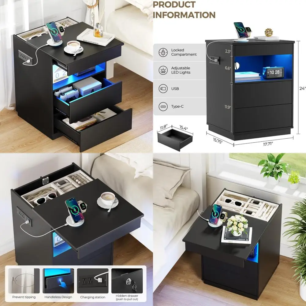 منضدة قفل حديثة مع حجرة مخفية وشحن USB/Type-C وأضواء LED ودرج تخزين المسدس - طاولة آمنة بجانب السرير