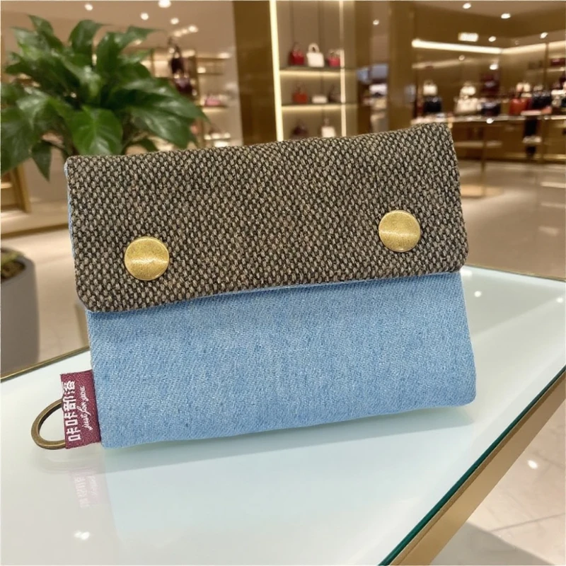 

Creative Cartoon Printed Three Fold Denim Canvas Coin Purse with Large Capacity Card Bag